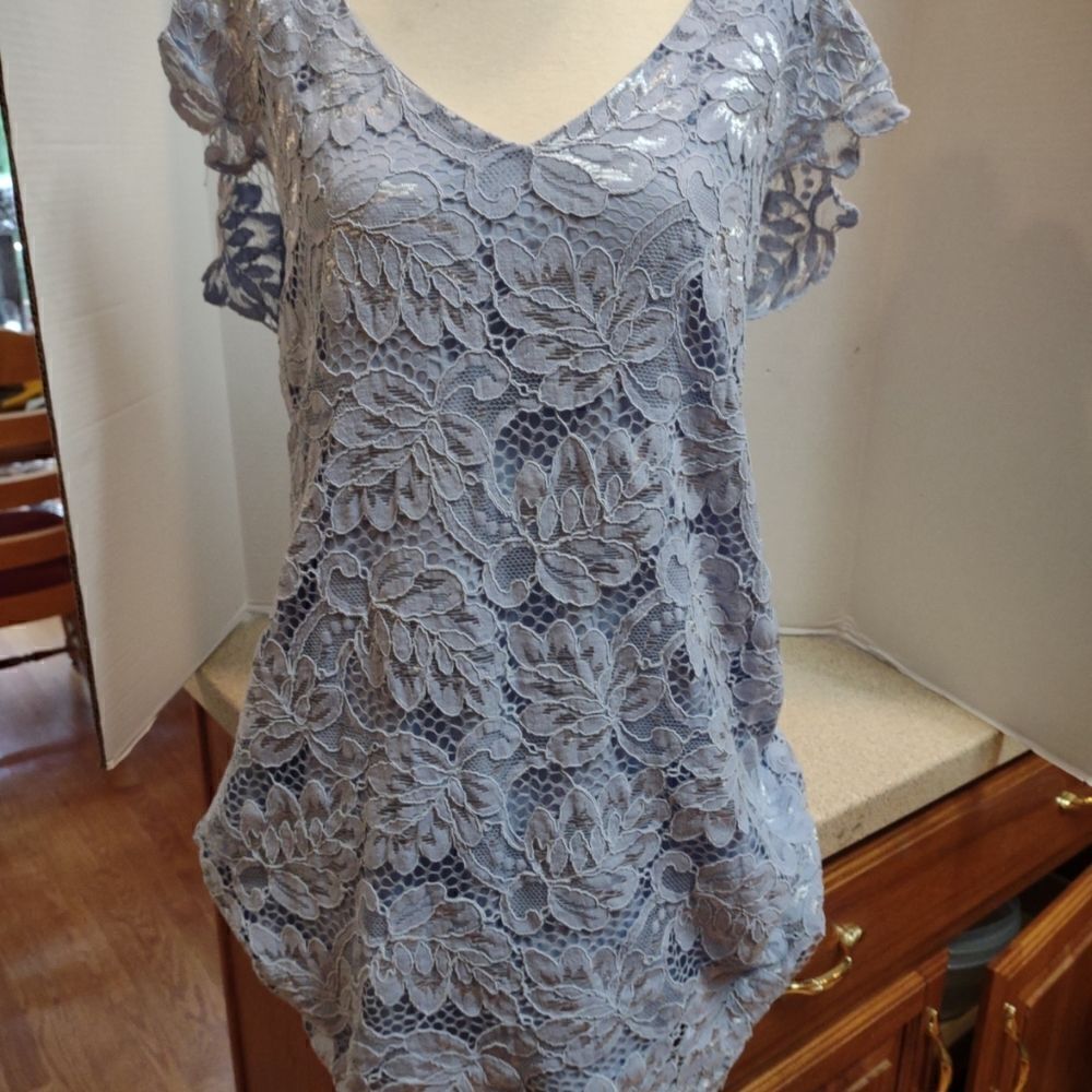 bb dakota blue lace dress 👍 Shift Size XL. W1 Dusty Blue Bridesmaid Dress Pre-Archive Pants:38 Embroidered beaded lace bridesmaid